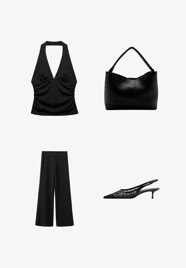 Top noir à col halter avec un profond décolleté en V et des côtés froncés, conçu pour une silhouette ajustée et stylée.; Pantalon noir à jambes larges en tissu doux, avec une taille haute sans attaches ni poches visibles. Texture lisse sur toute la surface.; Chaussure slingback noire à bout pointu avec petit talon kitten et tige en mesh transparent décorée de coutures noires abstraites.; Sac à main tissé noir avec une anse unique tressée, forme rectangulaire et surface texturée brillante.