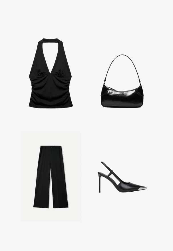 Zwarte haltertop met diepe V-hals en gerimpelde zijkanten, ontworpen voor een aansluitende en stijlvolle look.; Bershka WIDE - Broek - black; Zwarte leren slingback met hoge hak, puntige neus en zilverkleurig metalen kapje aan de punt, slanke stilettohak.; Zwarte glanzende leren schoudertas met één ritssluitingvak en een dunne band die in een boogvorm is gebogen.