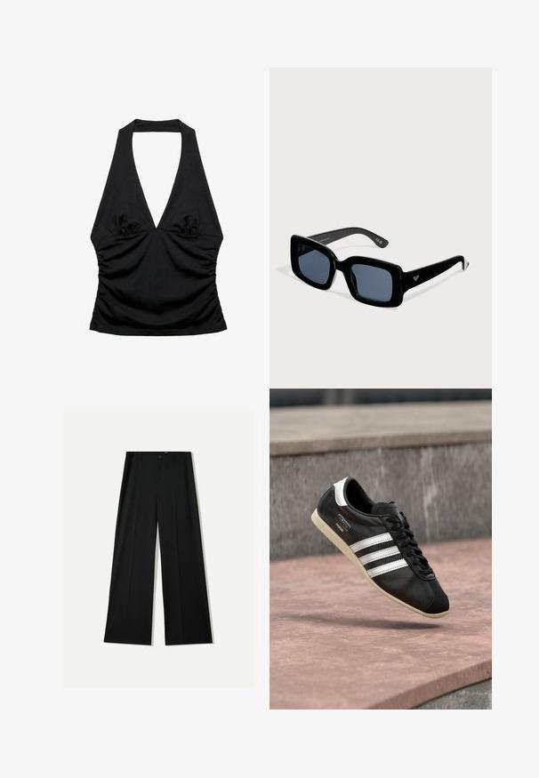 Schwarzes Neckholder-Top mit tiefem V-Ausschnitt und gerafften Seiten, entworfen für einen figurbetonten und stylischen Look.; Bershka WIDE - Stoffhose - black; Schwarzer Ledersneaker mit weißen Streifen und Sohle, geschnürt, schwebt über einer rosa gefärbten Betontfläche vor einer grauen Steinmauer im Hintergrund.; Schwarze Sonnenbrille mit quadratischem Rahmen, dunklen Gläsern und kleinem Logo am Bügel, dargestellt auf hellem einfarbigem Hintergrund.