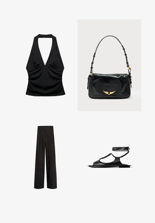 Sort halterneck-top med dyb V-udskæring og rynkede sider, designet til et tætsiddende og stilfuldt look.; Sorte højtaljede vidde bukser med bæltestropper, en frontknaplukning og subtil lodret struktur.; Sort flad sandal med åben tå, perlebesat T-strap og bindebånd rundt om anklen på hvid baggrund.; Sort læderhåndtaske med en buet klap, udsmykket med et gyldent vingedetalje, justerbar rem og glat, blank tekstur.
