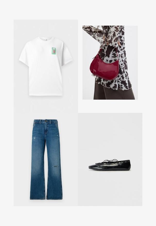 Wit T-shirt met korte mouwen en een klein groen plaatje van een open blikje sardines, roze sardines en het woord "SARDINE" op de bovenborst.; Blauwe denim wijde jeans met een vervaagde textuur, voorzien van twee versleten gedeelten aan de voorkant, een knoopsluiting en een vijf-pocket ontwerp.; Zwarte puntige platte schoen met vetersluiting en oogjes langs de randen, weergegeven op een witte achtergrond.; Vrouw met een zwart-wit gebloemde blouse houdt een glanzende rode schoudertas vast tegen een effen achtergrond.