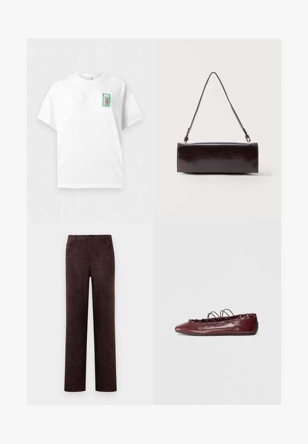 Weißes kurzärmliges T-Shirt mit einem kleinen grünen Aufnäher einer geöffneten Sardinendose, rosa Sardinen und dem Wort "SARDINE" auf der oberen Brust.; Gerade geschnittene, dunkelbraune Wildlederhosen mit vorderer Knopf- und Reißverschluss, Gürtelschlaufen und seitlichen Taschen.; Bordeauxfarbene Leder-Ballerinas mit spitzer Zehenpartie, mit Spitzenverzierungen an der Vorderseite und silbernen Ösen. Weiche Sohle für Flexibilität und Komfort.; Rechteckige schwarze Ledertasche mit einem einzelnen langen Riemen und glänzendem Finish, vor einem schlichten weißen Hintergrund präsentiert.
