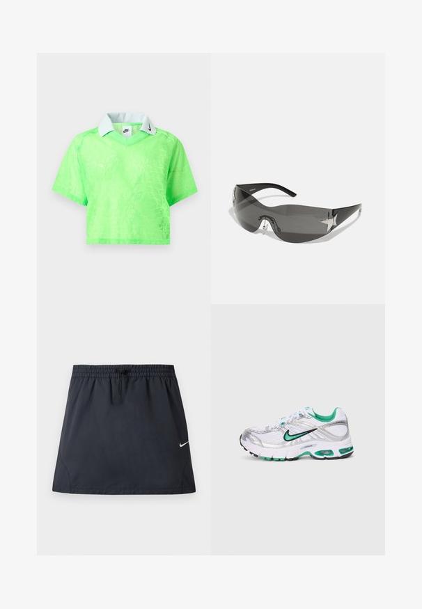 Neongroen cropped top met korte mouwen, subtiel patroon, witte kraag en zwarte Nike-swoosh op de kraag en het binnenetiket.; Zwarte atletische rok met elastische tailleband en verstelbare trekkoord, met een klein wit Nike-swooshlogo aan de rechterzijde.; Nike hardloopschoen in wit, zilver en groen. Bevat mesh en synthetische materialen, een gevoerde kraag en een gevoerde zool met zichtbare luchtunits.; Zwarte zonnebril met een wrap-around ontwerp, donkergetinte glazen, glanzende stervormige accenten en verstelbare neussteunen.