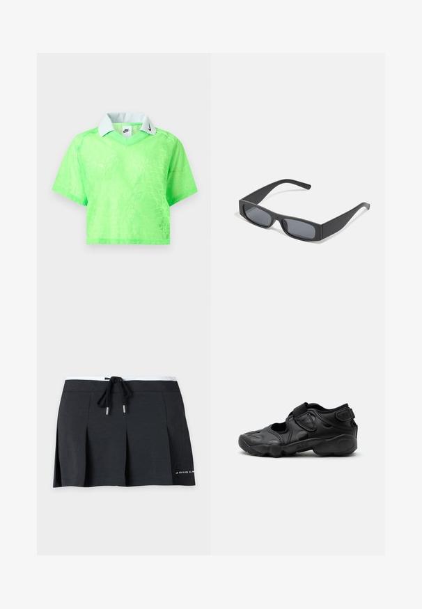 Top court à manches courtes vert néon avec un motif subtil, col blanc et logo Nike swoosh noir sur le col et l'étiquette intérieure.; Mini-jupe noire avec plis devant, ceinture blanche et lien coulissant noir, avec petit texte blanc sur le côté inférieur.; Sandale de sport noire avec bout fermé, brides Velcro au médio-pied et au talon, et semelle épaisse et rembourrée marquée "AIR" sur le côté.; Lunettes de soleil noires rectangulaires avec des verres foncés et des montures en mat épais. Les branches sont légèrement effilées avec une texture lisse.
