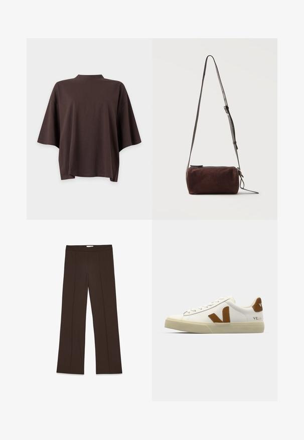 Top suelto de manga corta de color marrón oscuro con escote redondo alto sobre un fondo claro y liso.; Pantalones marrones de pierna ancha confeccionados en una tela suave; presentan pliegues frontales y una cinturilla estándar. Diseño minimalista sin cierre visible.; Zapatilla de cuero blanca con suela beige texturizada, acento de logo de ante marrón y cordones planos. Diseño minimalista con detalle de marca en el talón.; Bolso bandolera cilíndrico de ante marrón oscuro con correa delgada de cuero ajustable y cierre con cremallera superior.