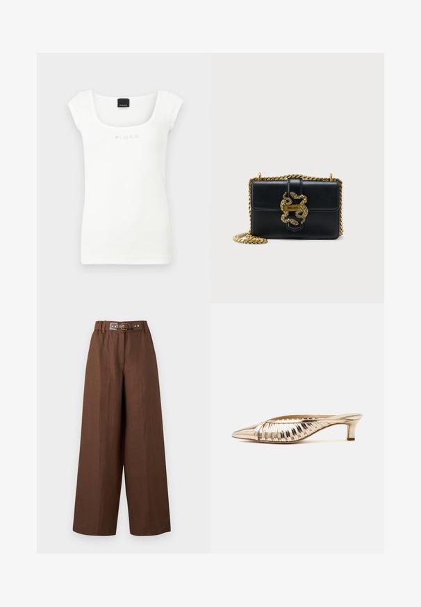 Haut sans manches en maille côtelée blanche avec large encolure carrée et logo "PINKO" brodé sur la poitrine.; Pantalon marron à jambes larges avec une taille haute élastiquée et une ceinture assortie attachée ornée d'une petite boucle dorée et de clous.; Mule métallisée dorée à bout pointu, petit talon kitten et motif rayé découpé sur le dessus.; Sac bandoulière en cuir noir avec une sangle chaîne torsadée dorée et une boucle ornée en forme de serpent doré, sur un fond uni clair.