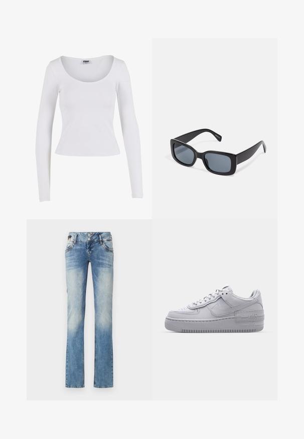 Langarm-weißes Oberteil mit Rundhalsausschnitt, aus dehnbarem Stoff gefertigt, mit taillierter Passform und nahtloser Konstruktion ohne sichtbare Akzente.; Helleblaue Denim-Jeans mit geradem Bein, ausgestattet mit einem Fünf-Knopf-Verschluss, Fronttaschen und dezenten Ausbleichungen.; Graue Nike Air Force 1 Sneaker mit perforierter Zehenpartie, Obermaterial aus glattem Leder, dicker Sohle und geprägtem 'AIR'-Detail an der Ferse.; Schwarze rechteckige Sonnenbrille mit dunkel getönten Gläsern, dickem Kunstrahmen und breiten Bügeln. Glatte Oberfläche und kantiges Design.