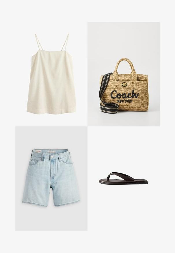 Vestido beige sin mangas de lino con finas tirantes ajustables, escote recto y silueta sencilla en línea A.; Shorts de mezclilla de lavado claro, de cintura alta, con un diseño de cinco bolsillos, cierre de botón y cremallera plateados, con dobladillo deshilachado y un ligero desgastado.; Chancla de dedo de cuero negro con suela acolchada y tiras anchas, mostrada de perfil sobre fondo blanco.; Bolso de paja trenzada con doble asa en la parte superior, logotipo bordado en negro "Coach New York", accesorios en oro y una correa de hombro a rayas desmontable.