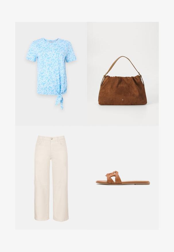 T-shirt bleu clair à manches courtes présentant un motif floral en blanc, avec un détail de nœud sur le côté gauche à l'ourlet.; Pantalon court taille haute à jambes larges en écru avec bouton et fermeture éclair devant, passants pour ceinture, poches avant et arrière.; Sandale à glissière en cuir tan avec des lanières croisées, semelle plate et design minimaliste. Texture lisse sans motifs ni éléments matériels visibles.; Sac à main en daim marron avec un design plissé, arborant une seule sangle en cuir beige et un discret logo doré à l'avant.