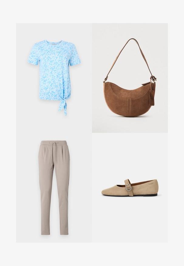 Lyseblå t-shirt med korte ærmer, prydet med et hvidt blomstermønster, og med en knude detalje på venstre side ved sømmen.; Beige sweatpants med snøre i taljen, tætsiddende ben og plisseret frontdetalje. Fremstillet af blødt, let materiale.; Beige ruskind Mary Jane flade sko med spids tå og et enkelt justerbart strop med en sølv spænde. Sort flad sål.; Brun ruskinds håndtaske med en buet, halvmåneformet silhuet. Har en skulderrem, et lille mærke og synlige sømme langs kanterne.