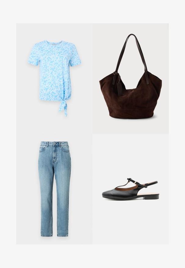 Lyseblå t-shirt med korte ærmer, prydet med et hvidt blomstermønster, og med en knude detalje på venstre side ved sømmen.; TOM TAILOR DENIM Mom-jeans - clean mid stone blue denim; Sort læder flad slingback-sko med T-rem og guldlås på neutral baggrund.; Brun ruskind taske med en blød, slouchy form. Har læderhåndtag og et tag-accent. Enkelt tekstur med buede sømme.