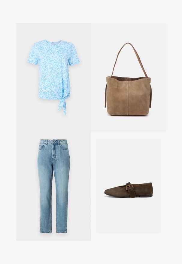 Svetlomodré tričko s krátkym rukávom s bielo kvetinovým vzorom a uzlom na ľavej strane na leme.; TOM TAILOR DENIM Džínsy mom - clean mid stone blue denim; Hnedá semišová nízka topánka so širokým remienkom a zlatou prackou, zaoblenou špičkou a nízkou čiernou podrážkou, zobrazená v bočnom profile na bielom pozadí.; Hnedá semišová taška cez rameno s jemnou textúrou, otvoreným vrchom a jedným ramenným popruhom. Disponuje hladkým povrchom a minimálnym detailovaním.