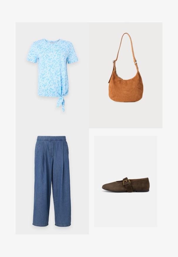 T-shirt bleu clair à manches courtes présentant un motif floral en blanc, avec un détail de nœud sur le côté gauche à l'ourlet.; Pantalon large en denim bleu avec une coupe décontractée, doté d'une taille sans bouton, de plis sur le devant et de deux poches latérales.; Chaussure plate en daim marron avec une large bride et une boucle dorée, bout arrondi et semelle noire basse, vue de profil sur fond blanc.; Sac à main en daim beige avec un design incurvé, une bandoulière ajustable, une fermeture éclair en métal et un détail de logo embossé à l'avant.