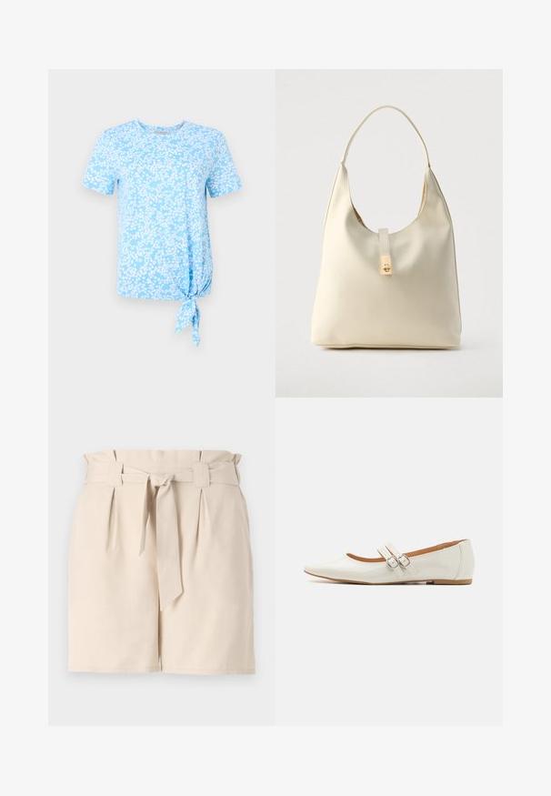T-shirt bleu clair à manches courtes présentant un motif floral en blanc, avec un détail de nœud sur le côté gauche à l'ourlet.; Shorts beiges ajustés en tissu léger, dotés d'une ceinture, de plis et d'une coupe droite.; Ballerines en cuir verni blanc avec un bout pointu, deux sangles décoratives avec des boucles en argent, et une semelle marron discrète.; Sac hobo en cuir couleur crème avec une seule bandoulière, texture lisse et un détail de fermoir doré à l'avant.