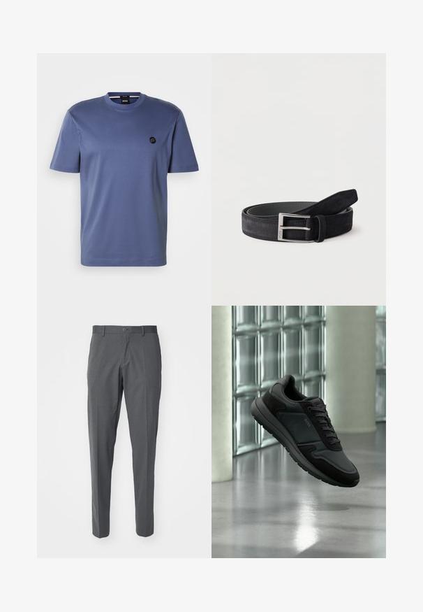 Camiseta de manga corta con cuello redondo en algodón azul apagado, que presenta un dobladillo redondeado y un pequeño logo negro en el pecho. Textura suave, diseño minimalista.; Pantalones grises hechos de una tela suave, con cierre de botón, bolsillos delanteros y un diseño ajustado.; Zapatilla negra BOSS con diseño de cordones, flotando sobre un suelo brillante, pared de ladrillos de vidrio y fondo con columna en un entorno interior moderno.; Cinturón de cuero de ante negro enrollado con hebilla metálica rectangular plateada sobre un fondo blanco liso.