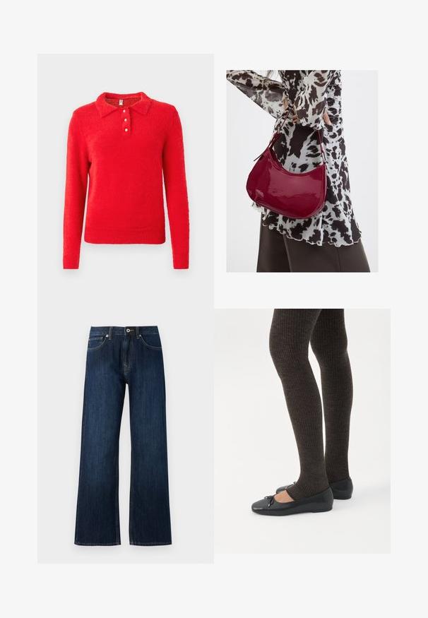 Rode gebreide trui met een kraaghalslijn, voorzien van drie witte knopen. Heeft een zachte, vieze afwerking. Lange mouwen, casual pasvorm.; Wijdvallende donkerblauwe spijkerbroek van denim, met een rits, knoopsluiting en twee voorzakken met contrasterende stiksels.; Benen met donkere geribbelde leggings gecombineerd met zwarte ballerina's met kleine strikdetails op een witte achtergrond.; Vrouw met een zwart-wit gebloemde blouse houdt een glanzende rode schoudertas vast tegen een effen achtergrond.