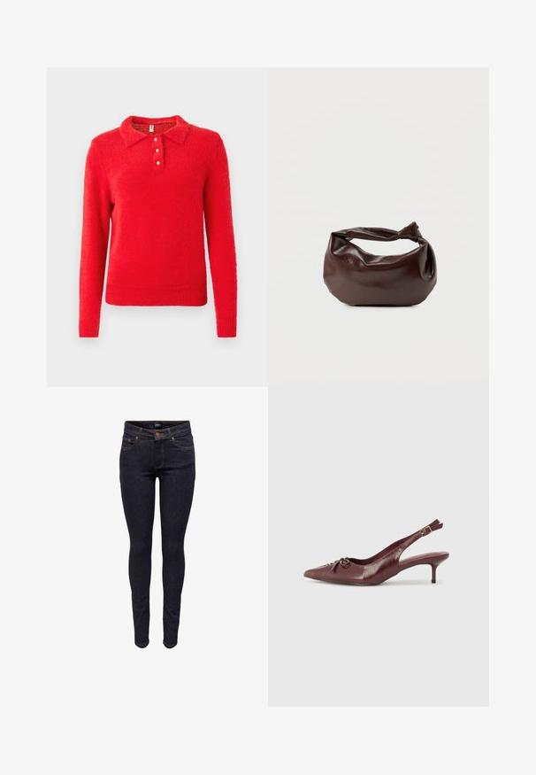 Suéter rojo de punto con cuello, que presenta tres cierres de botones blancos y un acabado texturizado y esponjoso. Mangas largas, ajuste casual.; Vaqueros ajustados de mezclilla azul oscuro con botones frontales y bolsillos, costuras visibles y etiqueta de marca en la pretina.; Tacón slingback de cuero burdeos con punta afilada, correa ajustable y detalle decorativo de lazo en la parte delantera. Altura del tacón de 3 pulgadas.; Bolso de hombro de cuero marrón oscuro con una forma suave y caída, y un asa con nudo torcido sobre un fondo blanco liso.