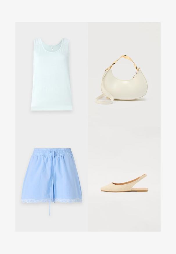 Débardeur bleu clair avec un col rond, avec des accents en dentelle sur les épaules, fabriqué à partir d'un tissu doux et lisse. Design simple sans manches.; Shorts en coton bleu clair avec une taille smockée, un cordon de serrage et une finition en dentelle blanche au bas. Texture douce et coupe décontractée.; Ballerines beiges à talon ouvert avec un bout pointu, fabriquées en tissu texturé, dotées d'une semelle flexible et d'un design à talon ouvert.; Sac à main crème en forme de croissant avec poignée courte brillante dorée et bandoulière longue assortie sur un fond clair uni.