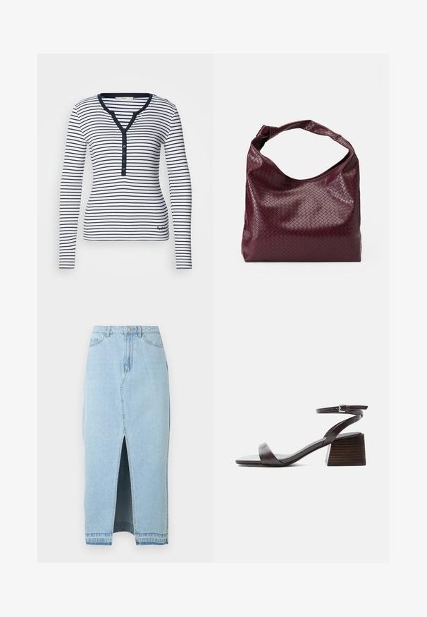 Langærmet, stribet top i hvid og marineblå. Har V-udskæring, knappedetalje og ribbet tekstur med logo på den nederste kant.; Denimnederdel i lyseblå med en frontslids og en linning. Har traditionelt design med fem lommer og lukning med metal knap.; Mørkebrune lædersandal med ankelrem, lav blokhæl og åben tå, vist i sideprofil på hvid baggrund.; Burgunderfarvet taske med et tekstureret, vævet mønster, blødt lædermateriale og et enkelt, knyttet håndtag. Rummeligt, hobo-stil design.
