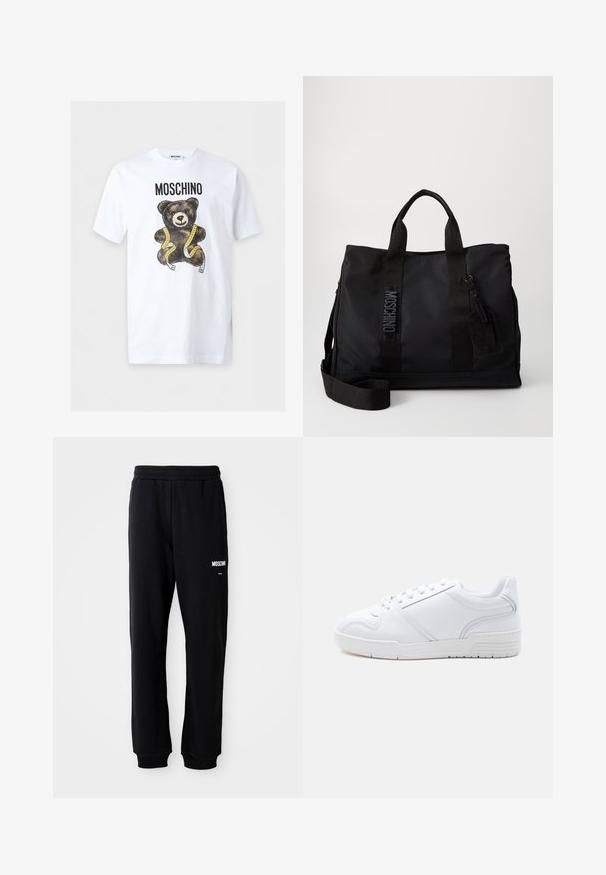 Λευκό κοντομάνικο μπλουζάκι με το κείμενο "MOSCHINO" πάνω από ένα καφέ αρκουδάκι τυλιγμένο με κίτρινη μεζούρα.; Μαύρες φόρμες με χαλαρή εφαρμογή, φτιαγμένες από μαλακό ύφασμα. Διαθέτουν ελαστική μέση και λευκό λογότυπο "Moschino" στο αριστερό μπουμπούκι.; Λευκό sneaker χαμηλής κοπής με σχέδιο κορδονιών, λείο συνθετικό επάνω μέρος και μοτίβο από καουτσούκ στη σόλα, σε απλό φωτεινό φόντο.; Μαύρη ναυλον τσάντα tote με διπλές επάνω λαβές, ρυθμιζόμενο λουρί ώμου και ανάγλυφη λεπτομέρεια λογότυπου. Λείο υλικό με προσαρτημένη ετικέτα.