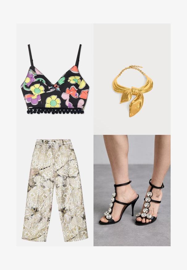 Mehrfarbiger Blumenmuster-Bralette mit schwarzem Hintergrund, dreieckigen Cups und schwarzem Pomponbesatz entlang des Saums. Verstellbare Träger sind enthalten.; Weite Hosen aus einem strukturierten Stoff mit einem goldenen und schwarzen Damaskmustern auf weißem Hintergrund, im hochgeschnittenen Design.; Schwarze High-Heels-Sandalen mit Satinriemen und großen runden Strass-Akzenten entlang des Schaftes und Knöchels, offenes Ze design.; Halskette aus goldfarbenem Metall in Form eines gebundenen Schals mit einem verstellbaren Kettenverschluss vor weißem Hintergrund.