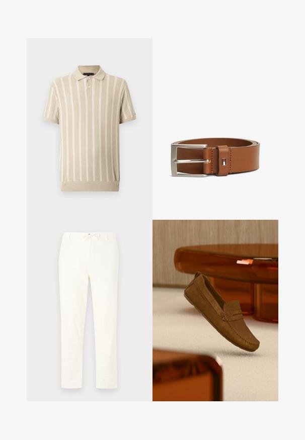 Beige Poloshirt mit vertikalen weißen Streifen, gerippter Textur und kurzen Ärmeln. Verfügt über eine Knopfleiste mit zwei Knöpfen und einen gestrickten Kragen.; Weiße, leichte Leinenhosen mit einem Kordelzugsbund. Gerades Bein, minimale Textur und keine sichtbaren Muster oder Metallteile.; Brauner Wildleder-Loafer mit gesteppten Details, der über einem beigen Teppich schwebt, mit orangenen, durchscheinenden Möbeln im Hintergrund.; Brauner Ledergürtel mit silberner, rechteckiger Schnalle und kleinem rechteckigem Logotag mit rotem, weißem und schwarzem Design in der Nähe der Schnalle.