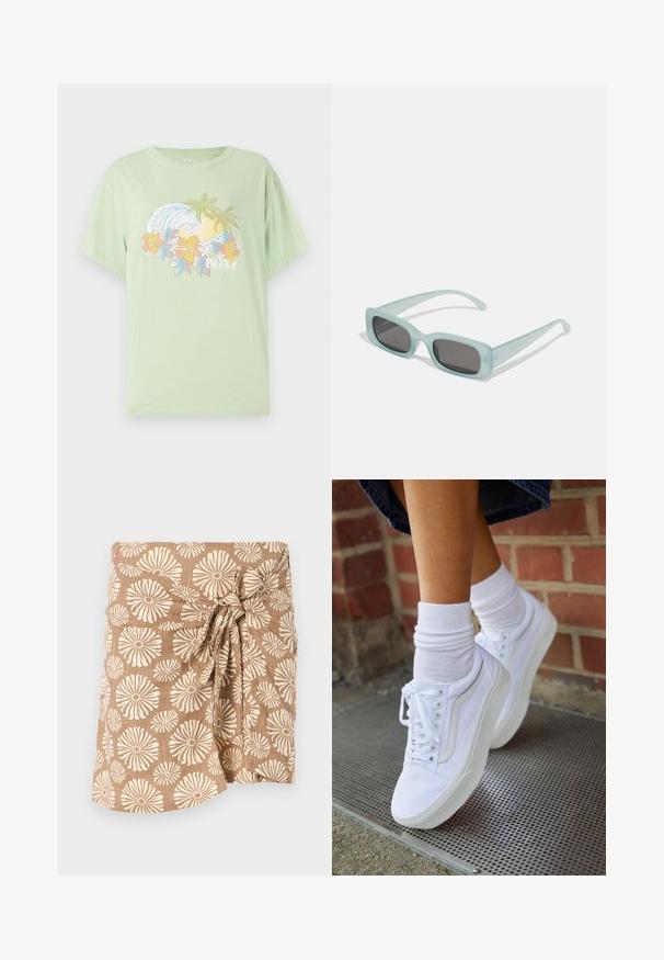 T-shirt manches courtes vert clair avec un graphique de vague et de fleur, portant le nom de la marque "ROXY" en blanc. Matériau en coton doux.; Jupe enveloppante à motifs marron avec de grandes fleurs crème, nouée à la taille, fabriquée en tissu léger.; Baskets en toile blanches avec semelles en caoutchouc, dotées de six œillets, d'un bout rond et de détails de couture légers, portées avec des chaussettes blanches mi-mollet.; Une paire de lunettes de soleil rectangulaires avec des montures translucides bleu clair et des verres gris foncé, présentant des branches droites et des détails matériels minimaux.