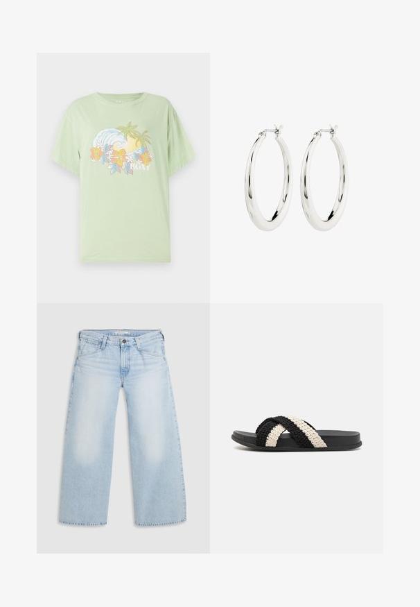 Lysegrøn kortærmet T-shirt med et bølge- og blomstermotiv, der har brandnavnet "ROXY" i hvidt. Blødt bomuldsstof.; Lyseblå vid nederdel jeans lavet af denim. Har lige snit, fem lommers design og knaplukning i taljen.; Sort og creme vævet slide sandal med en flad gummisål, der har to krydsede fletsandaler lavet af blødt, tekstureret materiale.; Sølvøreringe i form af hoops med en glat, blank finish. Cirkulær form, der har en sikker lås. Simpelt og elegant design.