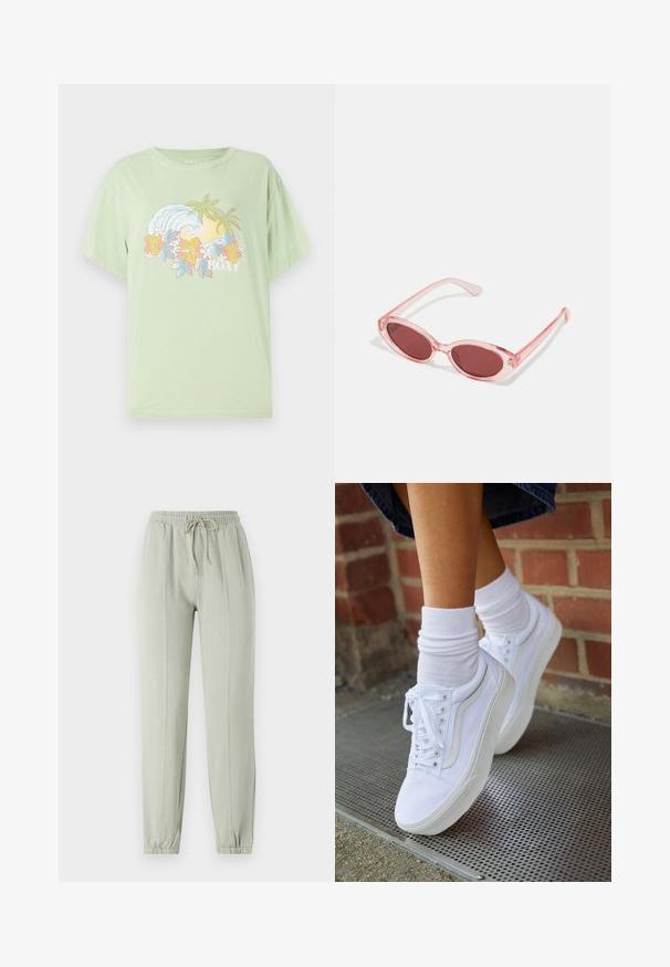 Camiseta de manga corta color verde claro con un gráfico de olas y flores, que presenta el nombre de la marca "ROXY" en blanco. Material de algodón suave.; Pantalones de chándal verde claro con un cinturón elástico, cordón ajustable y puños ajustados. Presenta detalles de costura vertical a lo largo del frente.; Zapatillas de lona blancas con suelas de goma, que presentan seis ojales, puntera redonda y detalles de costura ligera, combinadas con calcetines blancos hasta el tobillo.; Gafas de sol transparentes rosas con lentes ovalados, tinte rojo oscuro y varillas delgadas, con un acabado suave y detalles sutiles en la montura.