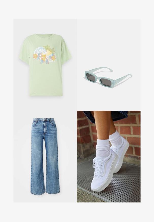 Lysegrøn kortærmet T-shirt med et bølge- og blomstermotiv, der har brandnavnet "ROXY" i hvidt. Blødt bomuldsstof.; Lysblå denim bredbente jeans med høj talje, der har fem lommer, knaplukning øverst og kontrastsyninger langs sømmene.; Hvide lærreds sneakers med gummisåler, der har seks snørehuller, rund tå og let sømdetaljer, krydret med hvide ankelstrømper.; Et par rektangulære solbriller med lyseblå gennemsigtige stel og mørkegrå linser, der har lige templer og minimale hardware detaljer.
