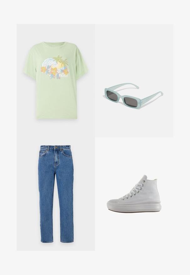Lysegrøn kortærmet T-shirt med et bølge- og blomstermotiv, der har brandnavnet "ROXY" i hvidt. Blødt bomuldsstof.; Højtaljede blå denimjeans, lige ben, knaplukning, fem lommer, let falming og tonale syninger.; Hvid højt canvas sneaksko med hvide snørebånd, metaløjer, tyk gummisål og tekstureret tåhætte, vendt mod venstre på en hvid baggrund.; Et par rektangulære solbriller med lyseblå gennemsigtige stel og mørkegrå linser, der har lige templer og minimale hardware detaljer.