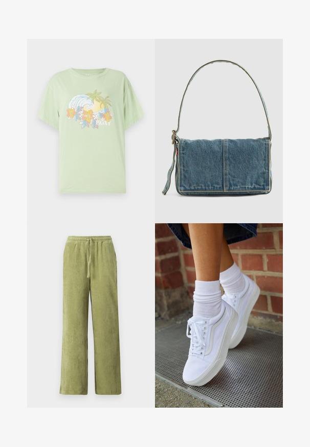 Lysegrøn kortærmet T-shirt med et bølge- og blomstermotiv, der har brandnavnet "ROXY" i hvidt. Blødt bomuldsstof.; Grønne fløjl bukser med vidde, elastisk talje og snøre detaljer. Lodrette ribber i stoffet skaber tekstur.; Hvide lærreds sneakers med gummisåler, der har seks snørehuller, rund tå og let sømdetaljer, krydret med hvide ankelstrømper.; Denim skuldertaske med fold-over design, lys blå farve, synlige sømme, justerbar rem og en sidelabel-detalje.