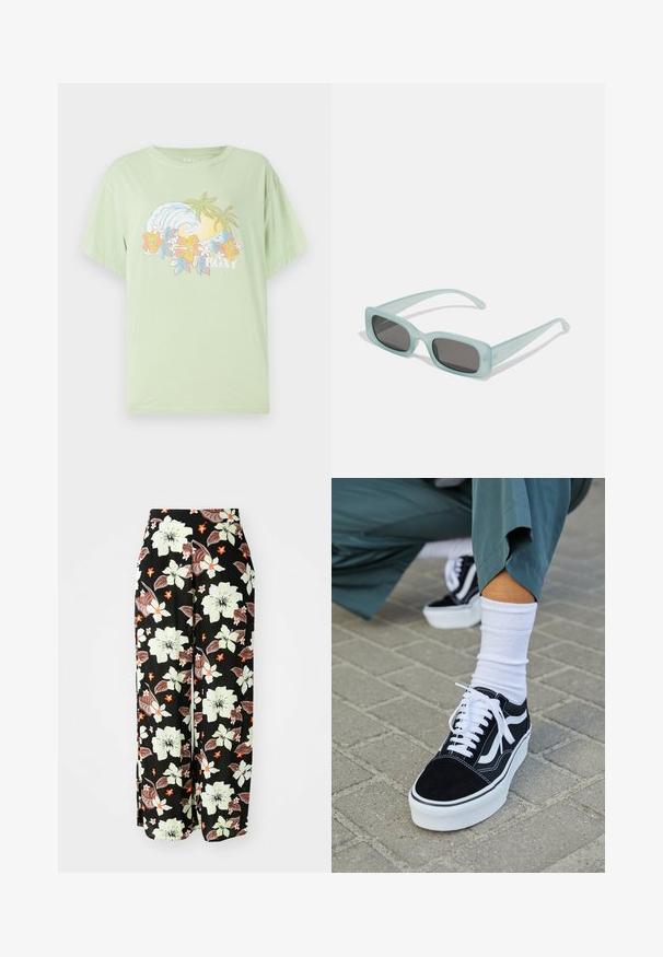 Camiseta de manga corta color verde claro con un gráfico de olas y flores, que presenta el nombre de la marca "ROXY" en blanco. Material de algodón suave.; Pantalones negros con flores grandes en blanco, naranja y marrón, con un diseño suelto de pierna ancha y una tela suave y ligera.; Zapatillas de ante negro con acentos y cordones blancos, que cuentan con una gruesa suela blanca y costuras en contraste, combinadas con un calcetín blanco.; Un par de gafas de sol rectangulares con montura translucida azul clara y lentes gris oscuro, que cuentan con patillas rectas y detalles de hardware mínimos.
