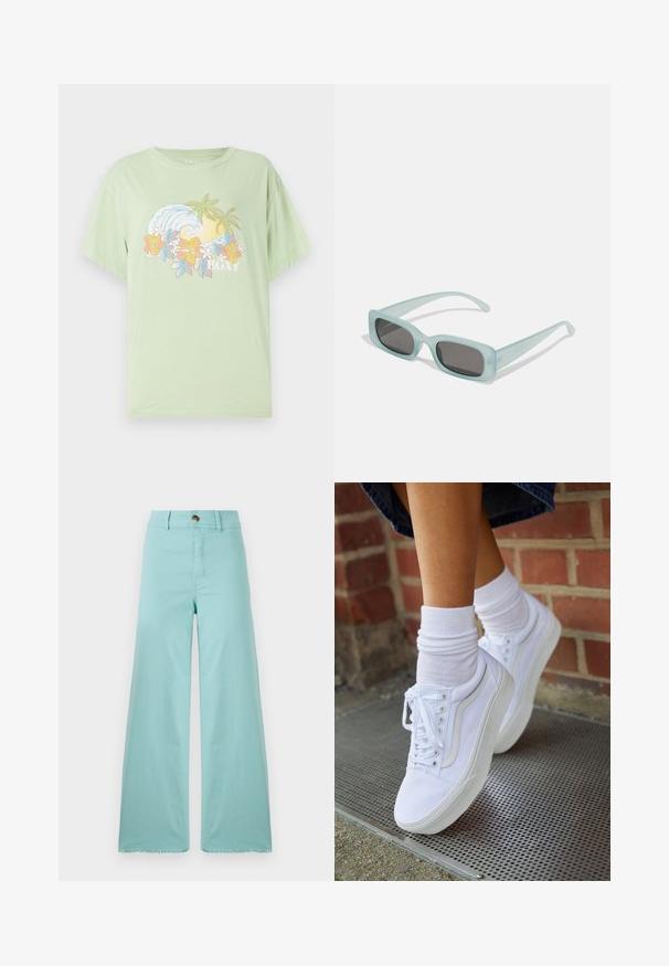 Lysegrøn kortærmet T-shirt med et bølge- og blomstermotiv, der har brandnavnet "ROXY" i hvidt. Blødt bomuldsstof.; Bredde bukser lavet af lyseblå stof med en frynset kant. Har en knaplukning og standard lommer. Glat tekstur hele vejen igennem.; Hvide lærreds sneakers med gummisåler, der har seks snørehuller, rund tå og let sømdetaljer, krydret med hvide ankelstrømper.; Et par rektangulære solbriller med lyseblå gennemsigtige stel og mørkegrå linser, der har lige templer og minimale hardware detaljer.