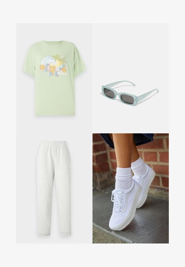 Camiseta de manga corta color verde claro con un gráfico de olas y flores, que presenta el nombre de la marca "ROXY" en blanco. Material de algodón suave.; Pantalones de chándal gris claro con una cinturilla elástica, piernas cónicas y puños acanalados. Fabricados con un tejido suave y texturizado. Detalle del logo blanco en el lateral.; Zapatillas de lona blancas con suelas de goma, que presentan seis ojales, puntera redonda y detalles de costura ligera, combinadas con calcetines blancos hasta el tobillo.; Un par de gafas de sol rectangulares con montura translucida azul clara y lentes gris oscuro, que cuentan con patillas rectas y detalles de hardware mínimos.