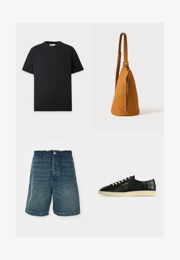 Schlichtes schwarzes T-Shirt mit kurzen Ärmeln und Rundhalsausschnitt, flach auf einem hellgrauen Hintergrund mit kleinem weißen Etikett im Kragen ausgelegt.; Dunkelblaue Denim-Shorts mit lockerer Passform, Knopfverschlüsse und sichtbaren Nähten an Saum und Taschen.; Schwarzer flacher Ledersneaker mit cremefarbener Sohle und Schnürsenkeln, goldenem "Paul Smith"-Logo an der Seite und eingeprägtem Symbol nahe der Ferse.; Hellbraune Leder-Umhängetasche mit verstellbarem Trageriemen und vertikaler Reißverschlusstasche, von der Seite vor hellem, einfarbigem Hintergrund gezeigt.