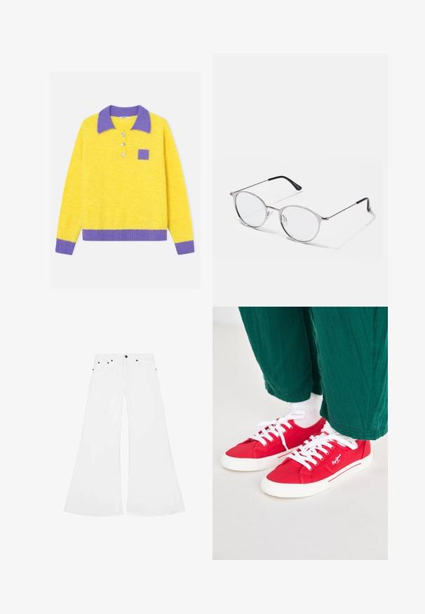 Pull jaune avec col, poignets, ourlet et écusson poitrine violets, comportant trois boutons sur le devant.; Jean évasé blanc en denim, avec une fermeture à bouton, cinq poches et des accents en métal noir.; Baskets en toile rouges avec des lacets blancs, dotées d'une semelle en caoutchouc blanche et d'accents rayés sur le côté. Portées avec un pantalon vert texturé et des chaussettes blanches.; Lunettes en métal argenté avec des verres ronds et une fine monture. Les embouts de branches noirs offrent un contraste. Plaquettes de nez ajustables incluses.