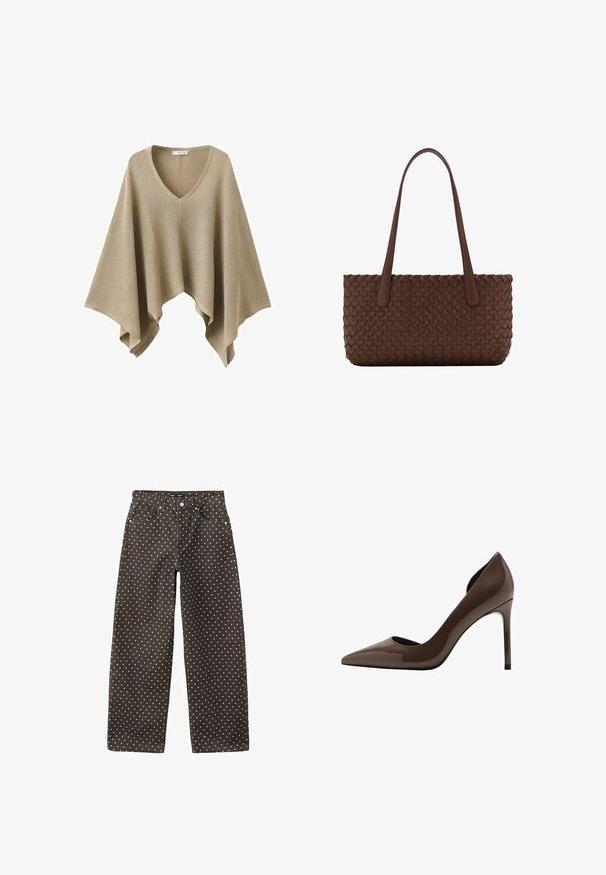 Poncho beige en tricot avec un col en V et des côtés larges et drapés créant un ourlet asymétrique.; Pantalon taille haute noir à pois blancs, fermeture avant par bouton et fermeture éclair, et design à cinq poches.; Escarpin à talon aiguille en cuir verni marron, avec bout pointu et côtés ajourés, présentant une finition brillante et un talon haut et fin.; Sac à main en cuir marron avec un motif tissé, avec deux longues anses fines pour un port à l'épaule.