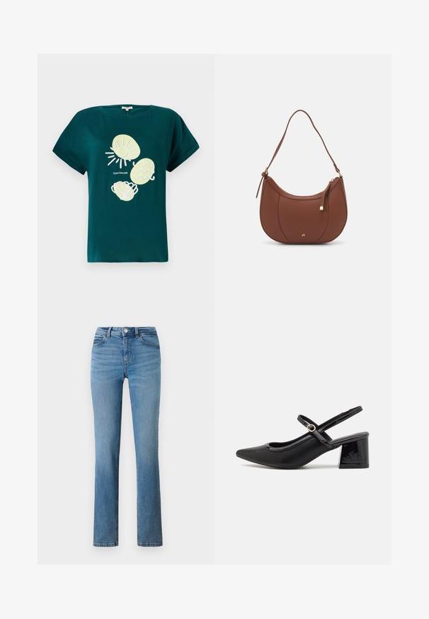 Teal katoenen t-shirt met een afbeelding van een zon en schelpen in lichtgeel en wit, met een relaxte pasvorm en opgerolde mouwen.; Lichtblauwe denim jeans met een rechte pijp, voorzien van een ritssluiting, knoopsluiting en gestikte zakken aan de voor- en achterkant.; Zwarte gepolijste leren slingback hakken met een spitse neus, een ronde uitsnede en een blokhak. Voorzien van een gouden gespaccent.; Bruine faux leren schoudertas met een gebogen vorm, minimale stiksels en een gouden hardware-accent. Voorzien van een bovenste ritsluiting en een verstelbare schouderband.