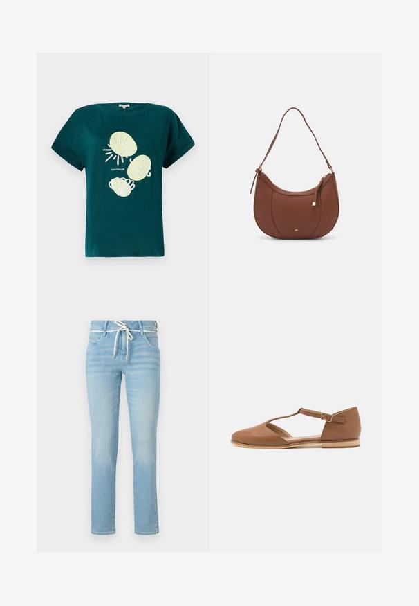 Teal katoenen t-shirt met een afbeelding van een zon en schelpen in lichtgeel en wit, met een relaxte pasvorm en opgerolde mouwen.; lichtblauwe denim jeans met een rechte pijp, voorzien van een witte trekkoord in de taille en subtiele vervagingen overal.; Bruine leren platte schoen met een uitsnijd ontwerp, enkelbandje en een lichte houten zool. Beschikt over een ronde neus en een gladde textuur.; Bruine faux leren schoudertas met een gebogen vorm, minimale stiksels en een gouden hardware-accent. Voorzien van een bovenste ritsluiting en een verstelbare schouderband.