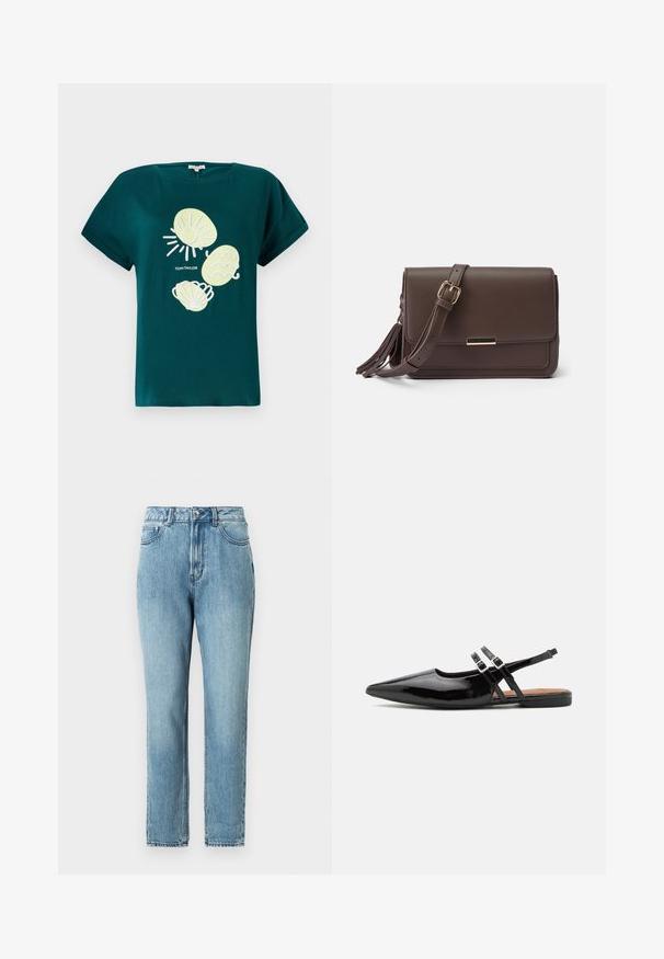 T-shirt en coton teal avec un motif de soleil et de coquillages en jaune clair et blanc, ayant une coupe décontractée et des manches retroussées.; TOM TAILOR DENIM Jean Mom - clean mid stone blue denim; Des chaussures slingbacks en cuir verni noir présentent un bout pointu, deux sangles avec des accents de boucle, et une semelle plate.; Sac bandoulière en simili cuir marron avec un rabat, quincaillerie dorée et détail de frange sur le côté. Bandoulière ajustable pour un port polyvalent.