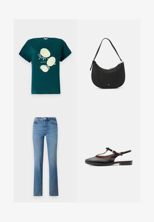 Camiseta de algodón en color verde azulado con un gráfico de un sol y conchas en amarillo claro y blanco, con un corte holgado y mangas enrolladas.; Jeans de mezclilla azul claro con diseño de pierna recta, con cremallera, cierre de botón y bolsillos cosidos en la parte delantera y trasera.; Zapato plano slingback de cuero negro con T-correa y hebilla dorada sobre fondo neutro.; Bolso de mano de cuero negro con forma curva, superficie texturizada, costuras frontales y un logo en tono dorado. Cuenta con una sola correa ajustable.