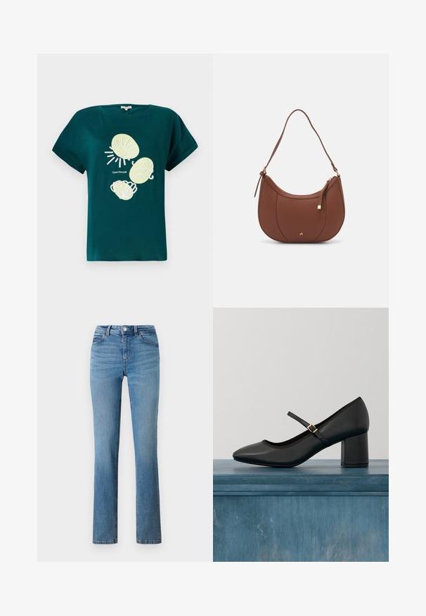 Tyg i teal med grafik af en sol og muslinger i lys gul og hvid, med en afslappet pasform og optrukne ærmer.; Lyseblå denimjeans med lige ben, forsynet med lynlås, knaplukning og syede lommer foran og bagpå.; Sort Mary Jane-sko med blokhæl og guldfarvet spænde, svævende over et glat betongulv i en minimalistisk indendørs setting.; Brun faux læder skuldertaske med buet form, minimal syning og en guldtonet hardwaredetalje. Har en top lynlåslukning og justerbar rem.