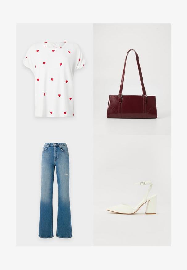 Camiseta blanca de manga corta con cuello redondo, decorada con pequeños patrones de corazones rojos espaciados uniformemente en la parte delantera y las mangas.; Jeans de mezclilla azul de talle alto con leve desgastes en los muslos, estilo de cinco bolsillos y diseño de pierna acampanada.; Sandalia blanca de tacón con puntera afilada, correa ajustable en el tobillo y un tacón cuadrado grueso. Textura lisa con detalles de costura mínimos.; Bolso burdeos hecho de material brillante, de forma rectangular, con dos asas para el hombro y sutiles acentos curvados en la parte frontal.