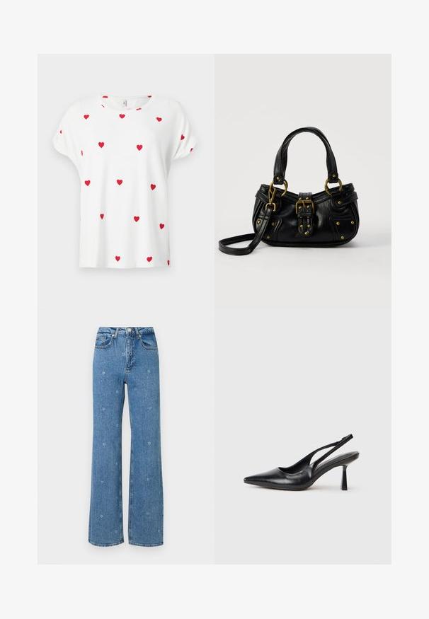 Camiseta blanca de manga corta con cuello redondo, decorada con pequeños patrones de corazones rojos espaciados uniformemente en la parte delantera y las mangas.; Jeans de talle alto en azul, de pierna recta, con pequeños bordados de flores blancas esparcidos por la tela.; Zapato de tacón alto negro de cuero con puntera afilada y tacón delgado sobre un fondo blanco.; Bolso de cuero negro con hebilla y detalles de remaches dorados, asas cortas y una correa de hombro ajustable sobre un fondo blanco liso.