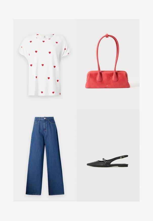 Chemise blanche à manches courtes avec col rond, décorée de petits motifs de cœurs rouges uniformément espacés sur le devant et les manches.; Jean en denim à jambe large de couleur bleu foncé, avec une taille haute, une fermeture à bouton à l'avant et un design classique à cinq poches. Texture lisse, sans motifs.; Chaussures slingback en cuir noir avec un bout pointu, comprenant une lanière étroite et un accent de boucle argentée sur le côté. Semelle plate.; Sac à main en cuir rouge avec une longue poignée fine bouclée et fixée en haut, présenté sur un fond clair uni.