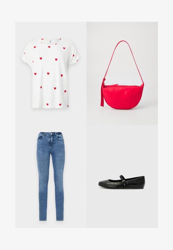 Wit shirt met korte mouwen en ronde hals, versierd met gelijkmatig verspreide kleine rode hartjes op de voorkant en mouwen.; Skinny jeans van lichtblauwe denim met een klassiek ontwerp. Beschikt over vijf zakken, riemlussen en een subtiele vervaagde textuur.; Zwarte leren balletschoenen met een ronde neus, een platte zool en een dunne verstelbare band over de wreef met een metalen gesp.; Rode leren schoudertas met een gebogen vorm, een ritssluiting en een dunne verstelbare schouderriem. Gladde textuur met stiksel details.
