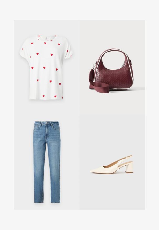 Chemise blanche à manches courtes avec col rond, décorée de petits motifs de cœurs rouges uniformément espacés sur le devant et les manches.; Jean bleu clair en denim, avec une coupe droite, cinq poches et une ceinture standard avec une fermeture avant par bouton et zip.; Escarpin slingback en cuir verni crème brillant, avec un bout pointu et un talon carré épais pour la stabilité. Design minimaliste, sans ornements.; Sac à main en cuir tressé marron foncé avec poignée courbée, garniture blanche, fermeture éclair argentée et bandoulière large en tissu amovible sur fond uni.