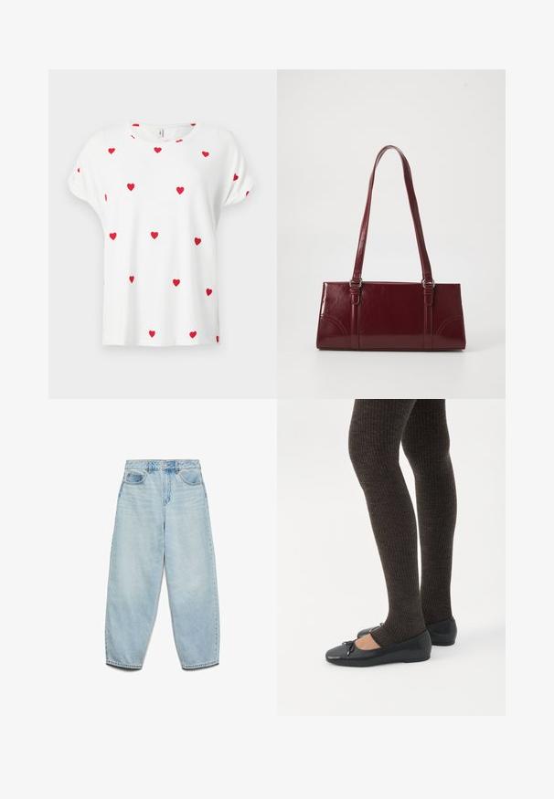 Camiseta blanca de manga corta con cuello redondo, decorada con pequeños patrones de corazones rojos espaciados uniformemente en la parte delantera y las mangas.; Vaqueros de mezclilla azul claro con un corte relajado, cintura alta y piernas anchas, con una textura ligeramente desgastada y un clásico diseño de cinco bolsillos.; Piernas con leggings oscuros acanalados combinados con bailarinas negras que presentan pequeños detalles de lazo sobre un fondo blanco.; Bolso burdeos hecho de material brillante, de forma rectangular, con dos asas para el hombro y sutiles acentos curvados en la parte frontal.