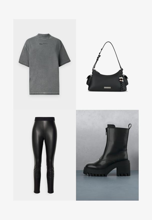 Grå kortærmet T-shirt lavet af bomuld med en høj halsudskæring. Har "KARL LAGERFELD JEANS" logo i mørkegrå på brystet.; Sorte læder leggings med en glat tekstur, featuring en høj talje med indgraveret "HUGO." Tætsiddende design, tapered ben, ingen synlig hardware.; Sorte læder ankelstøvler med kraftig sål, blokhæl, lynlås i siden og trækflap bagpå på en ensfarvet hvid baggrund.; Sort læder håndtaske med kort justerbar rem, sidelommer, sølv logo-plade og en karakternøglekæde med solbriller og hvidt hår.